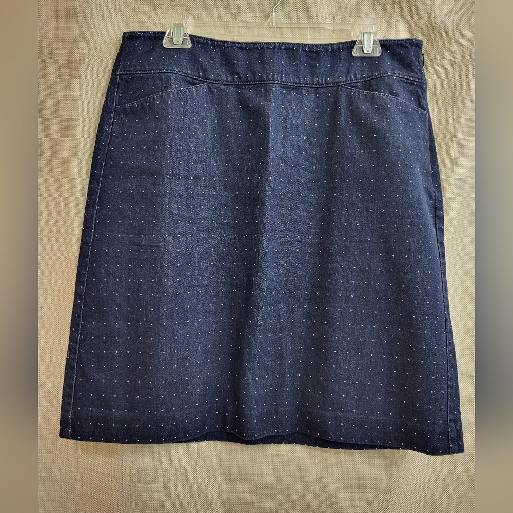Talbots‎  Blue Denim Jean Pencil Skirt White Polka Dots Pockets Cotton Size 12